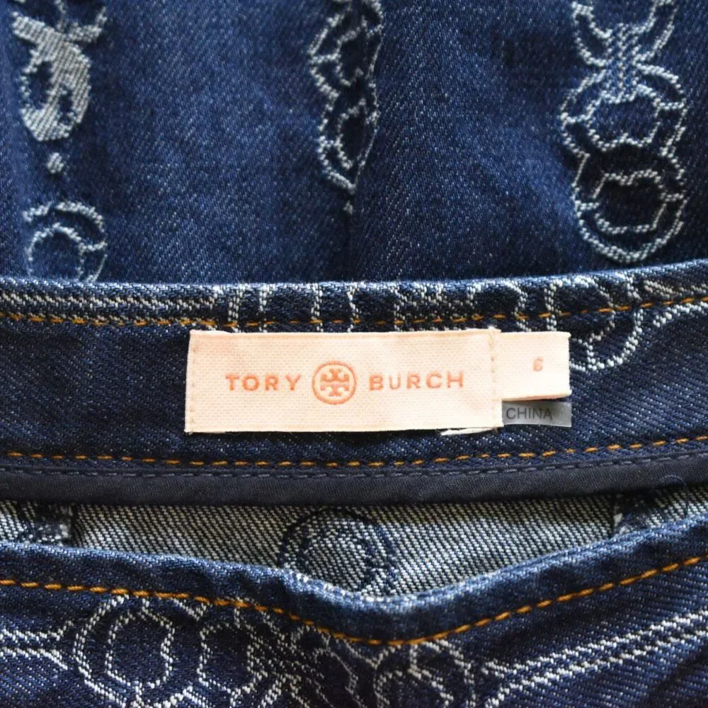 TORY BURCH Gemini Link Bloom Jacquard Denim Mini Pleated Skirt Size 6
